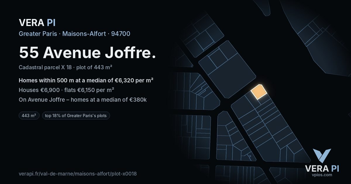 55 Avenue Joffre, Maisons-Alfort at night – the plot lit, the parcels around coloured by the prices near them