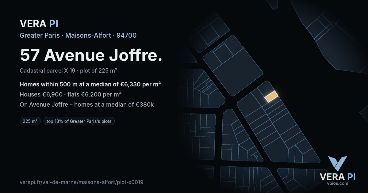 57 Avenue Joffre, Maisons-Alfort at night – the plot lit, the parcels around coloured by the prices near them
