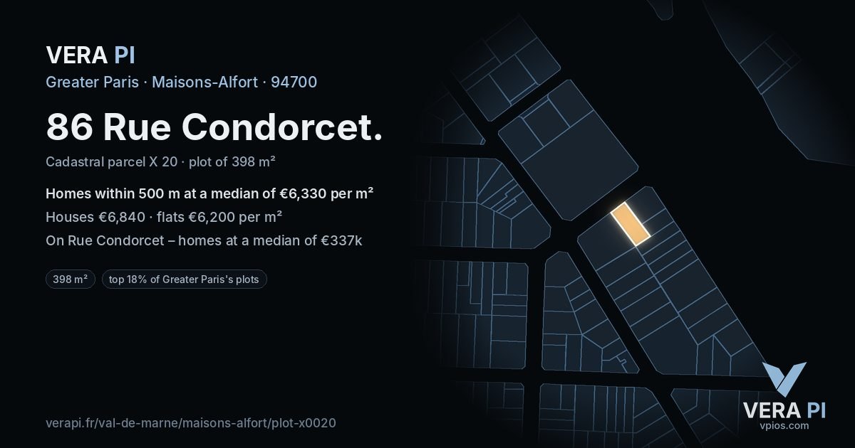 86 Rue Condorcet, Maisons-Alfort at night – the plot lit, the parcels around coloured by the prices near them