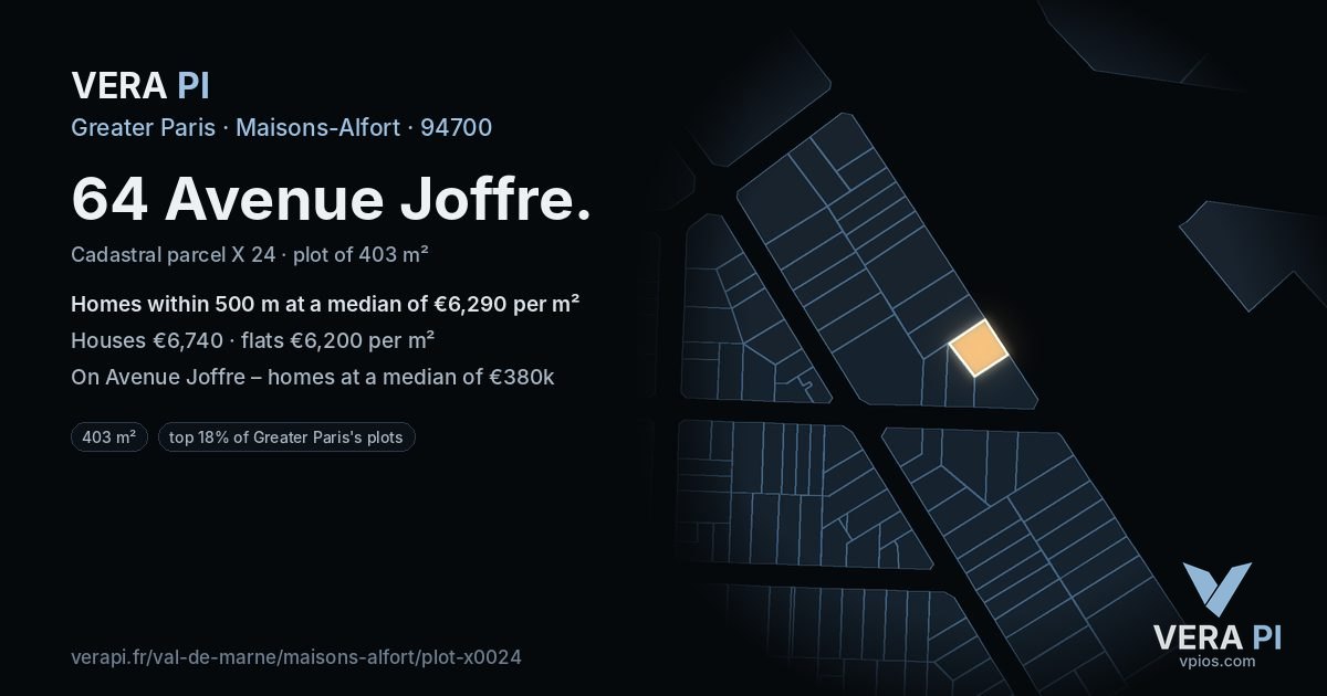 64 Avenue Joffre, Maisons-Alfort at night – the plot lit, the parcels around coloured by the prices near them