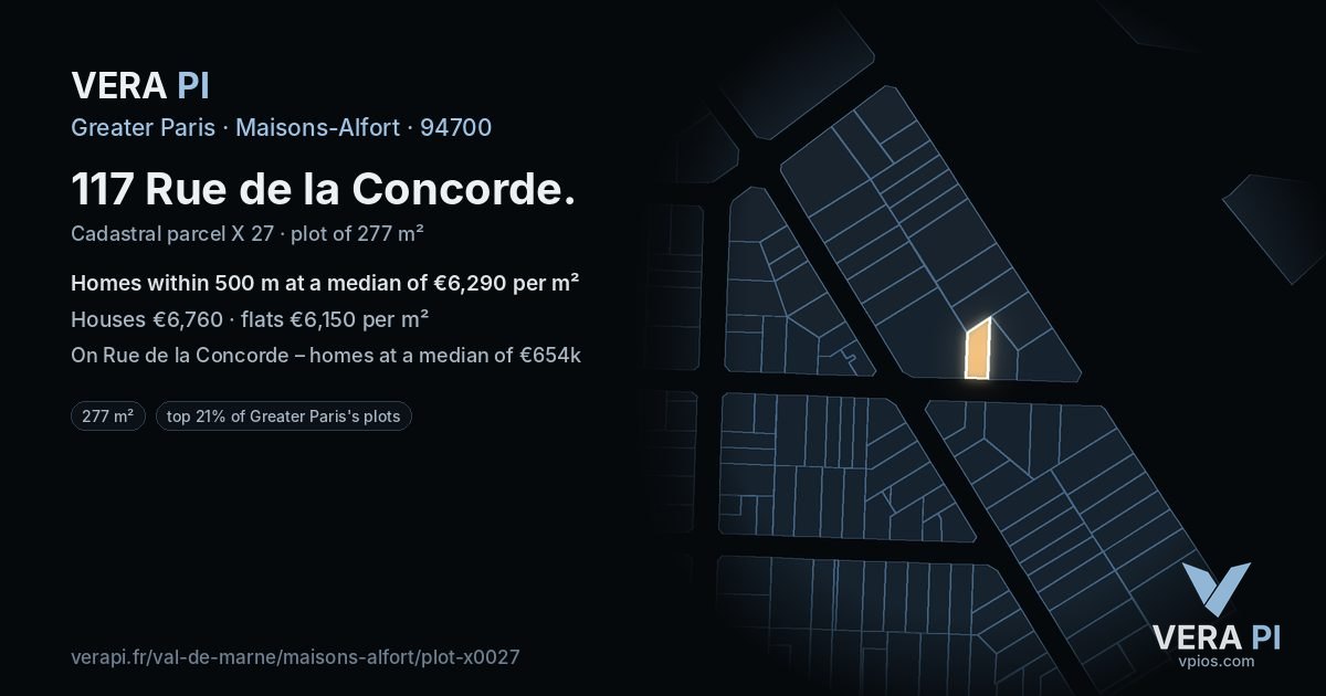 117 Rue de la Concorde, Maisons-Alfort at night – the plot lit, the parcels around coloured by the prices near them
