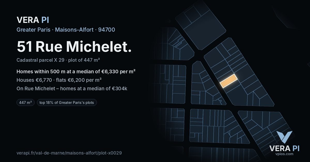 51 Rue Michelet, Maisons-Alfort at night – the plot lit, the parcels around coloured by the prices near them