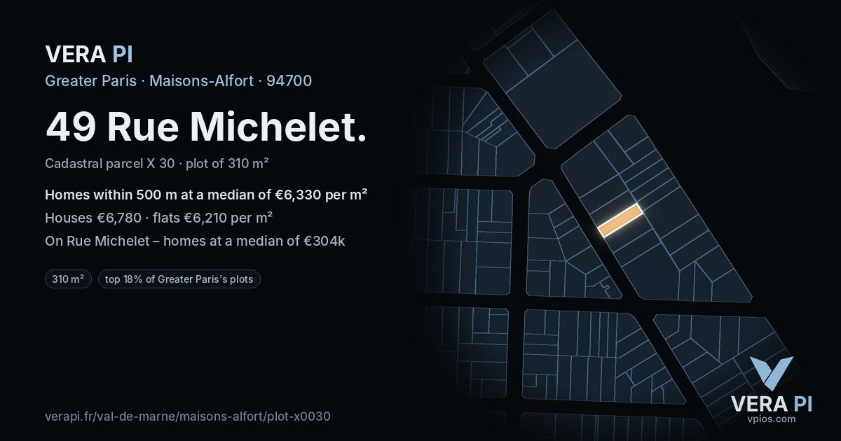 49 Rue Michelet, Maisons-Alfort at night – the plot lit, the parcels around coloured by the prices near them