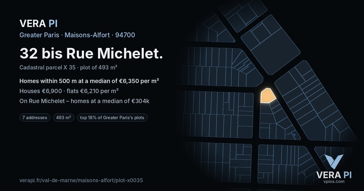 32 bis Rue Michelet, Maisons-Alfort at night – the plot lit, the parcels around coloured by the prices near them