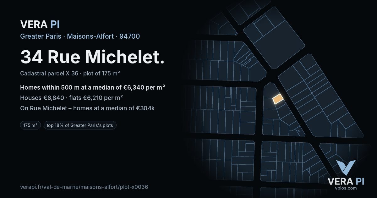 34 Rue Michelet, Maisons-Alfort at night – the plot lit, the parcels around coloured by the prices near them