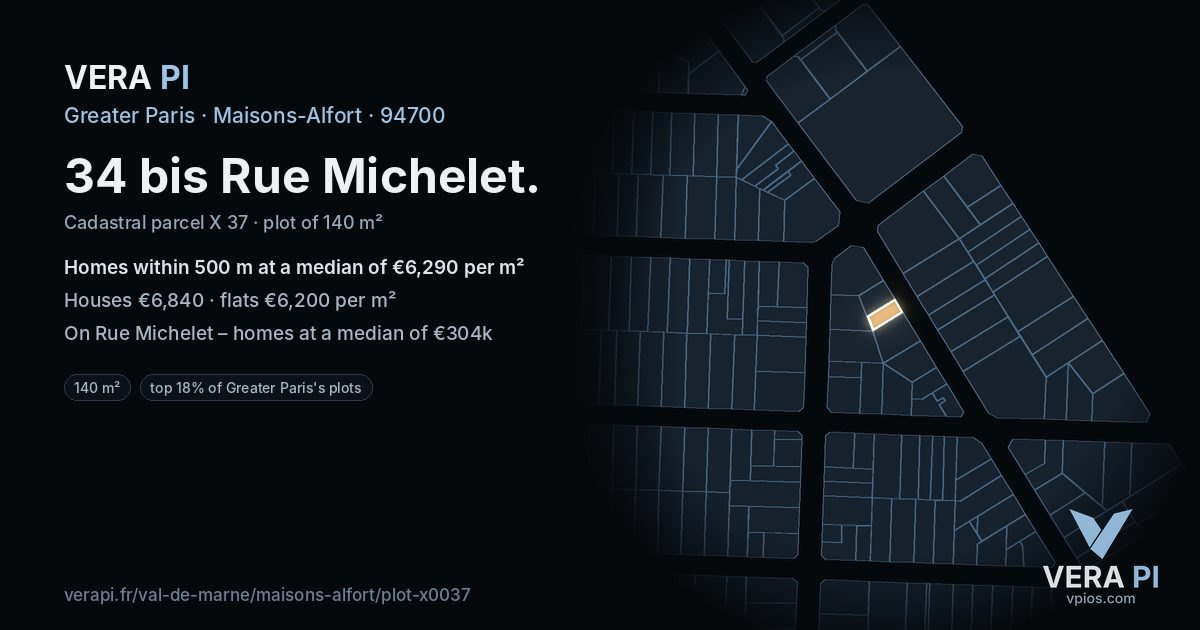 34 bis Rue Michelet, Maisons-Alfort at night – the plot lit, the parcels around coloured by the prices near them