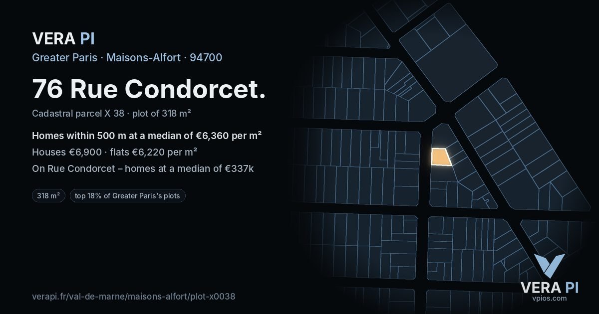 76 Rue Condorcet, Maisons-Alfort at night – the plot lit, the parcels around coloured by the prices near them