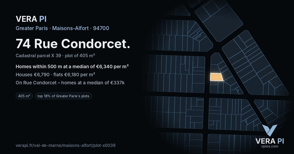 74 Rue Condorcet, Maisons-Alfort at night – the plot lit, the parcels around coloured by the prices near them
