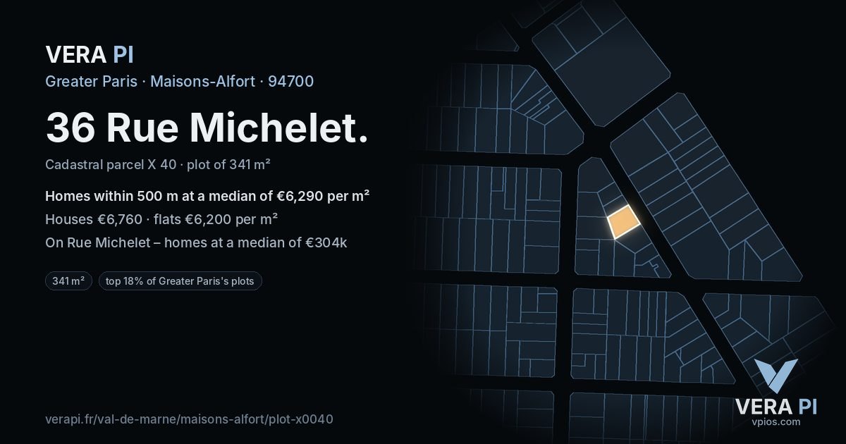 36 Rue Michelet, Maisons-Alfort at night – the plot lit, the parcels around coloured by the prices near them