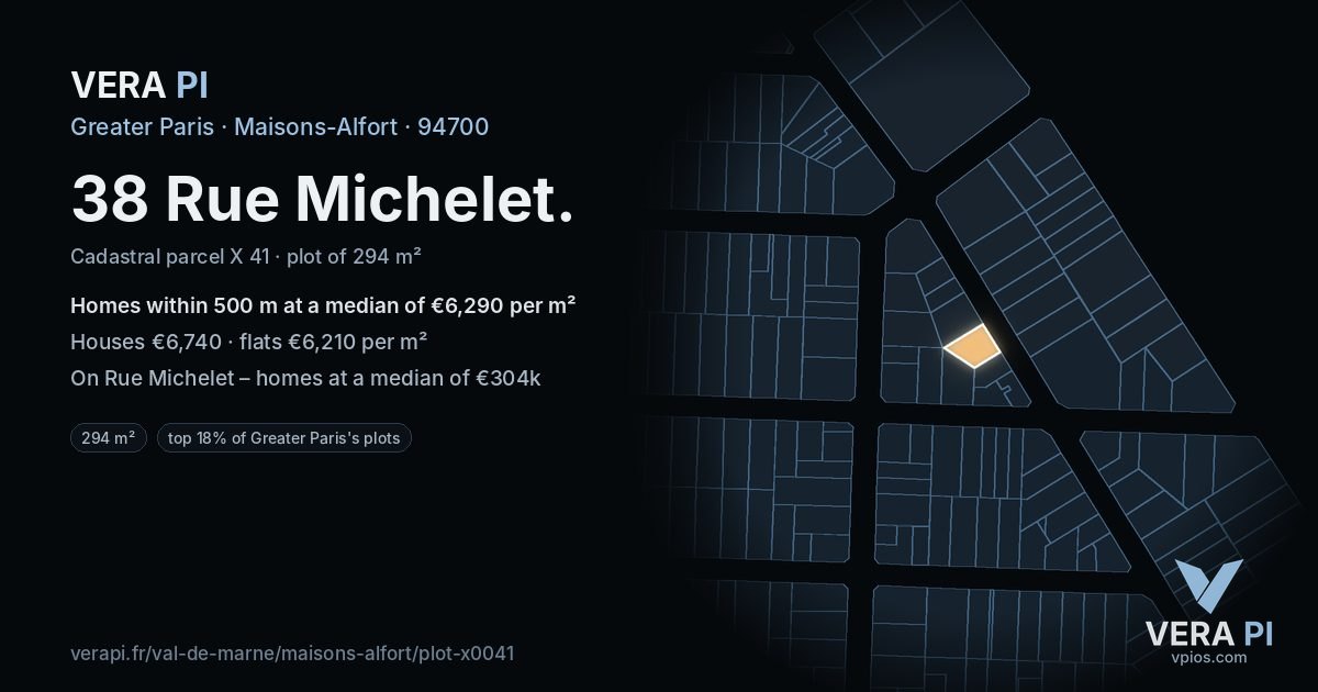 38 Rue Michelet, Maisons-Alfort at night – the plot lit, the parcels around coloured by the prices near them