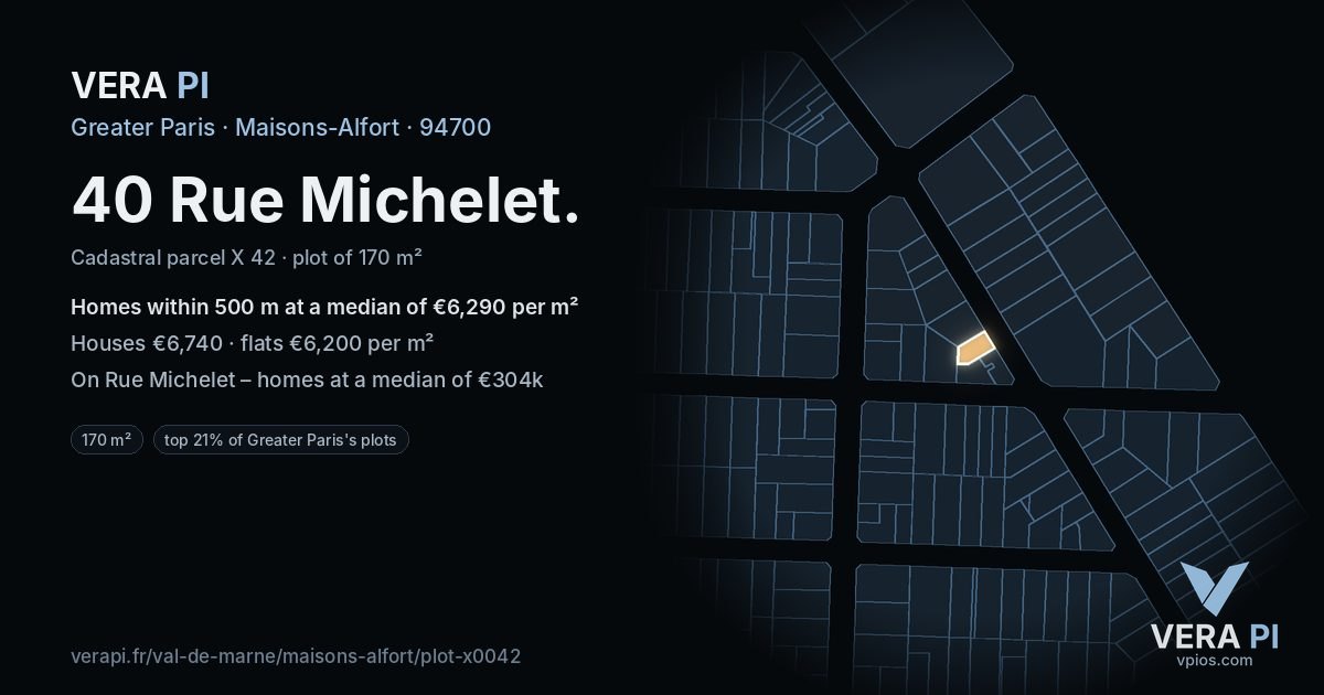 40 Rue Michelet, Maisons-Alfort at night – the plot lit, the parcels around coloured by the prices near them