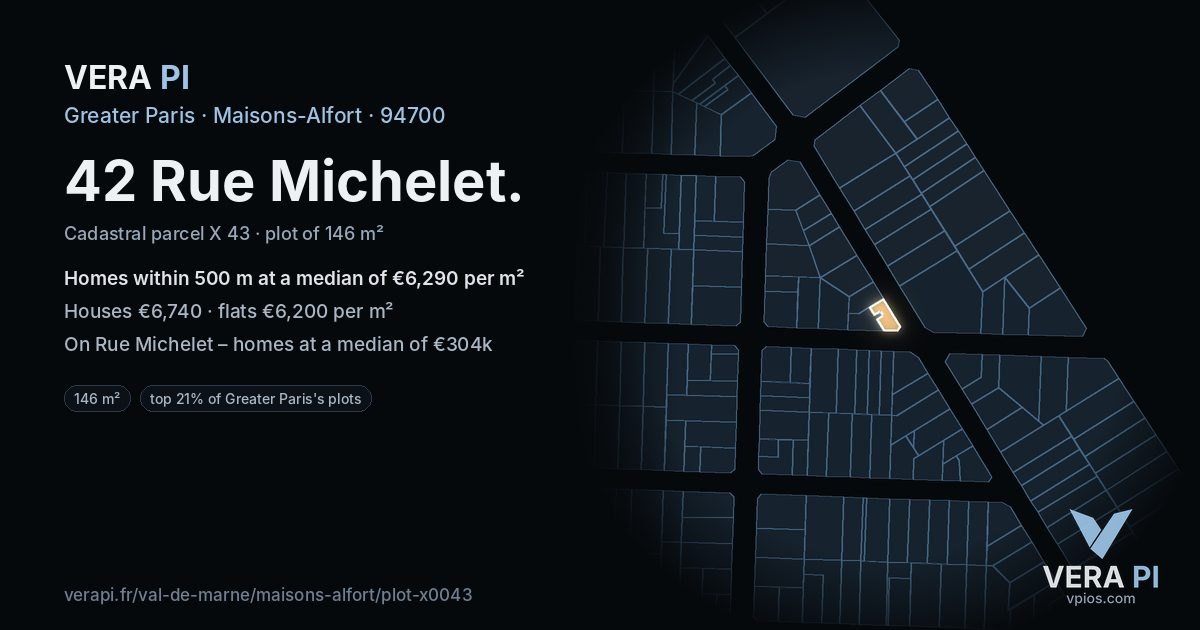 42 Rue Michelet, Maisons-Alfort at night – the plot lit, the parcels around coloured by the prices near them