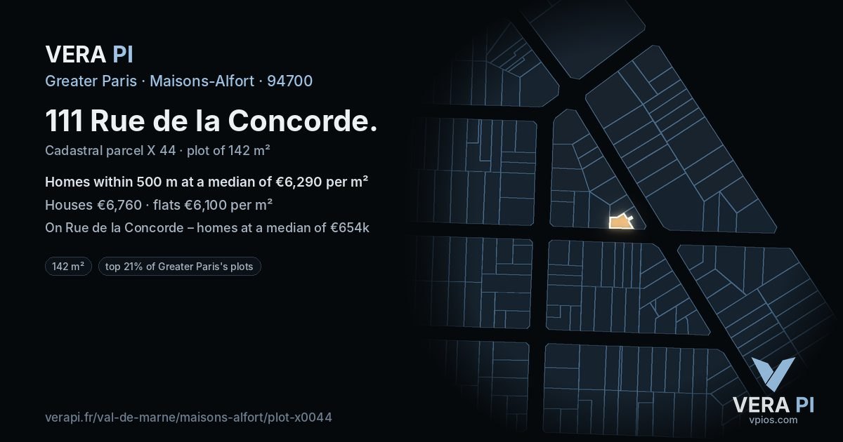 111 Rue de la Concorde, Maisons-Alfort at night – the plot lit, the parcels around coloured by the prices near them