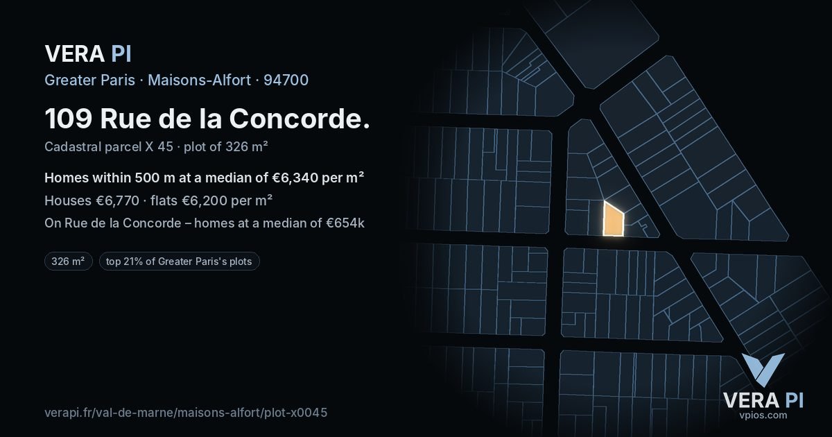 109 Rue de la Concorde, Maisons-Alfort at night – the plot lit, the parcels around coloured by the prices near them