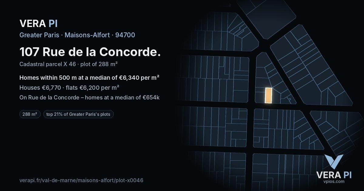 107 Rue de la Concorde, Maisons-Alfort at night – the plot lit, the parcels around coloured by the prices near them