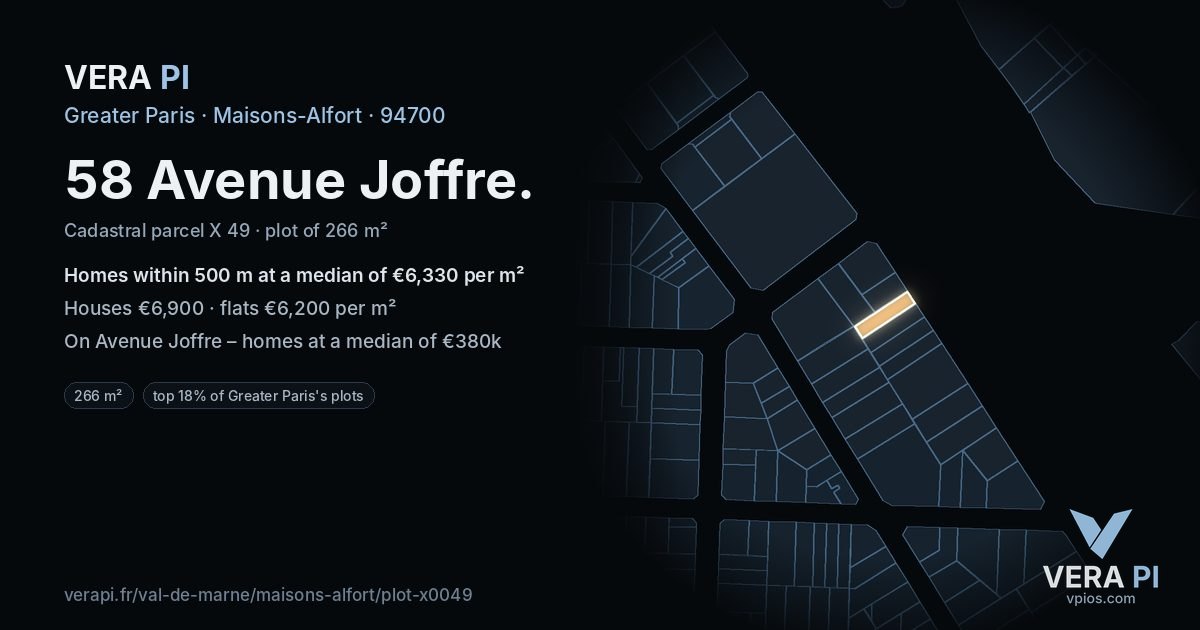 58 Avenue Joffre, Maisons-Alfort at night – the plot lit, the parcels around coloured by the prices near them