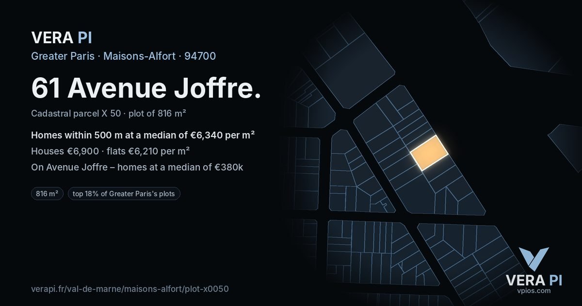 61 Avenue Joffre, Maisons-Alfort at night – the plot lit, the parcels around coloured by the prices near them