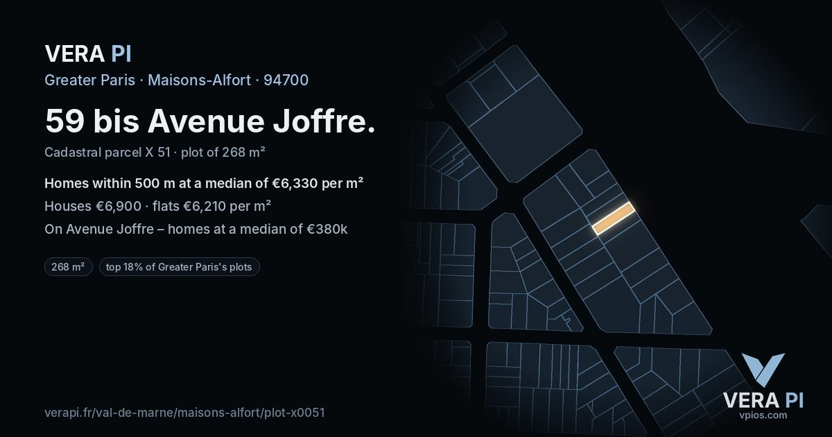59 bis Avenue Joffre, Maisons-Alfort at night – the plot lit, the parcels around coloured by the prices near them