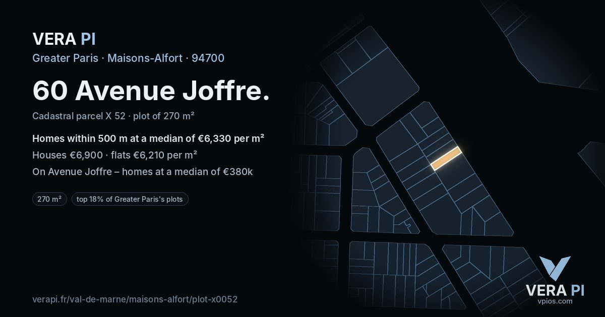 60 Avenue Joffre, Maisons-Alfort at night – the plot lit, the parcels around coloured by the prices near them