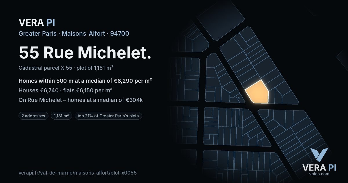 55 Rue Michelet, Maisons-Alfort at night – the plot lit, the parcels around coloured by the prices near them