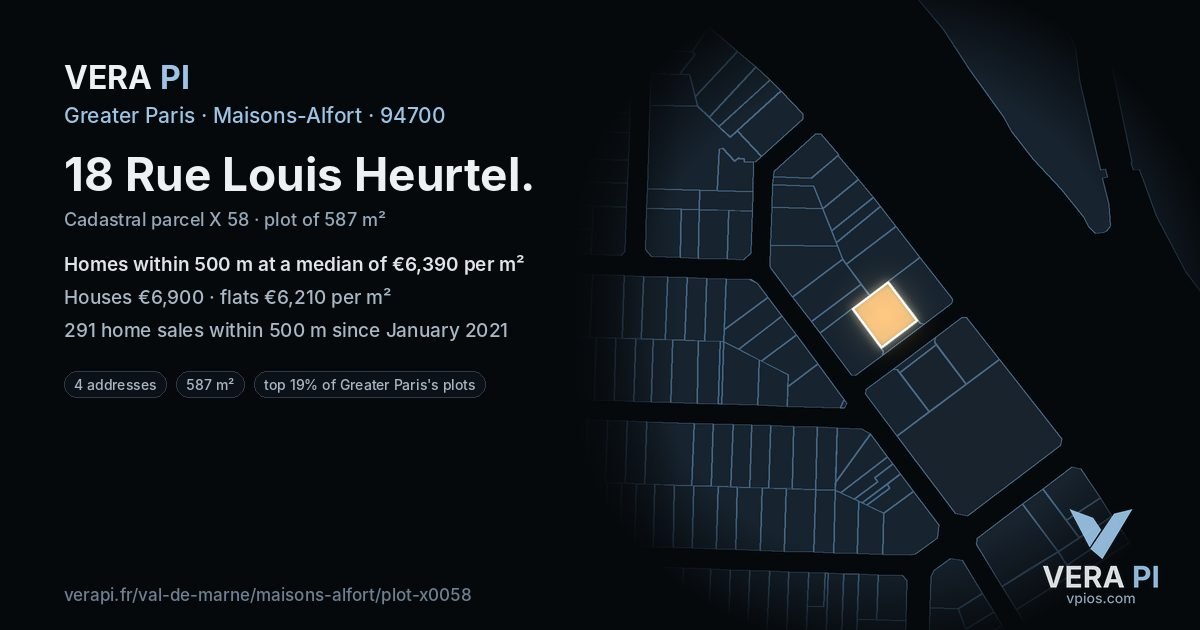 18 Rue Louis Heurtel, Maisons-Alfort at night – the plot lit, the parcels around coloured by the prices near them