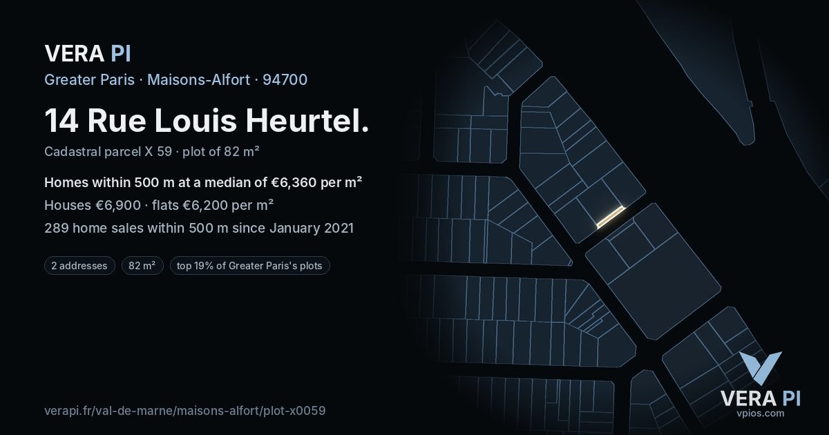 14 Rue Louis Heurtel, Maisons-Alfort at night – the plot lit, the parcels around coloured by the prices near them