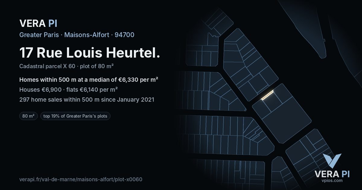 17 Rue Louis Heurtel, Maisons-Alfort at night – the plot lit, the parcels around coloured by the prices near them