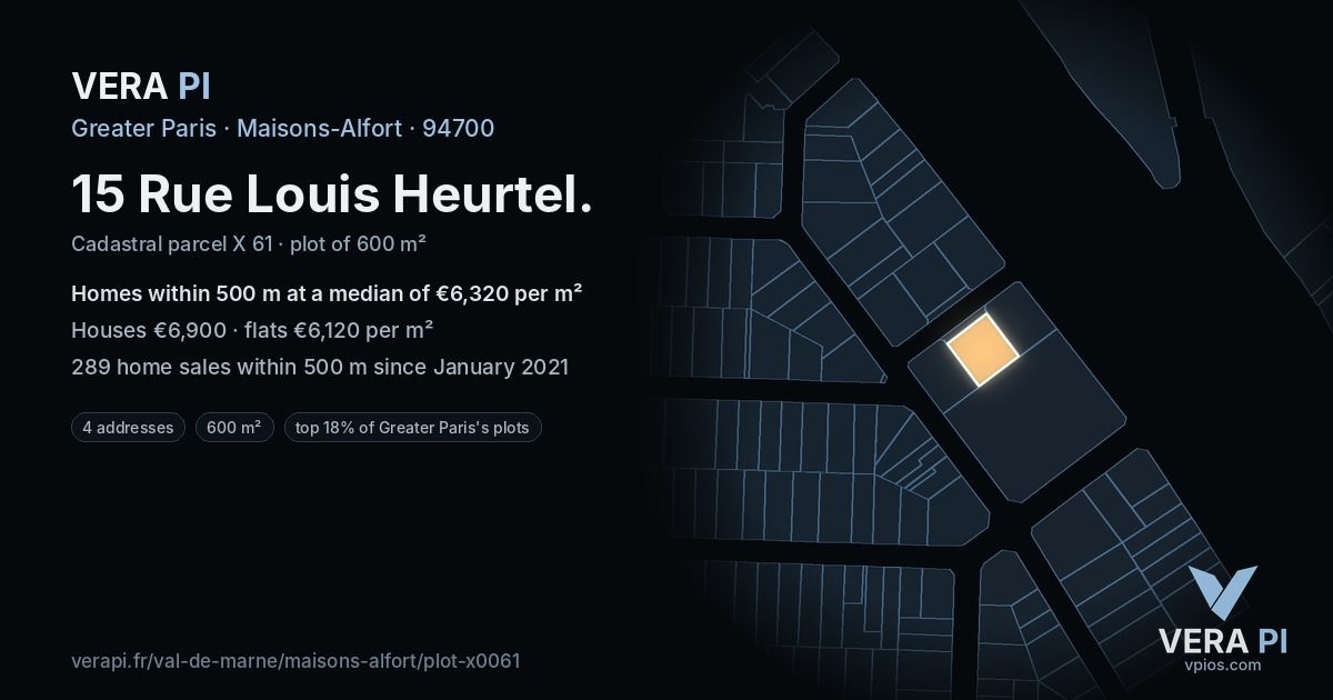 15 Rue Louis Heurtel, Maisons-Alfort at night – the plot lit, the parcels around coloured by the prices near them