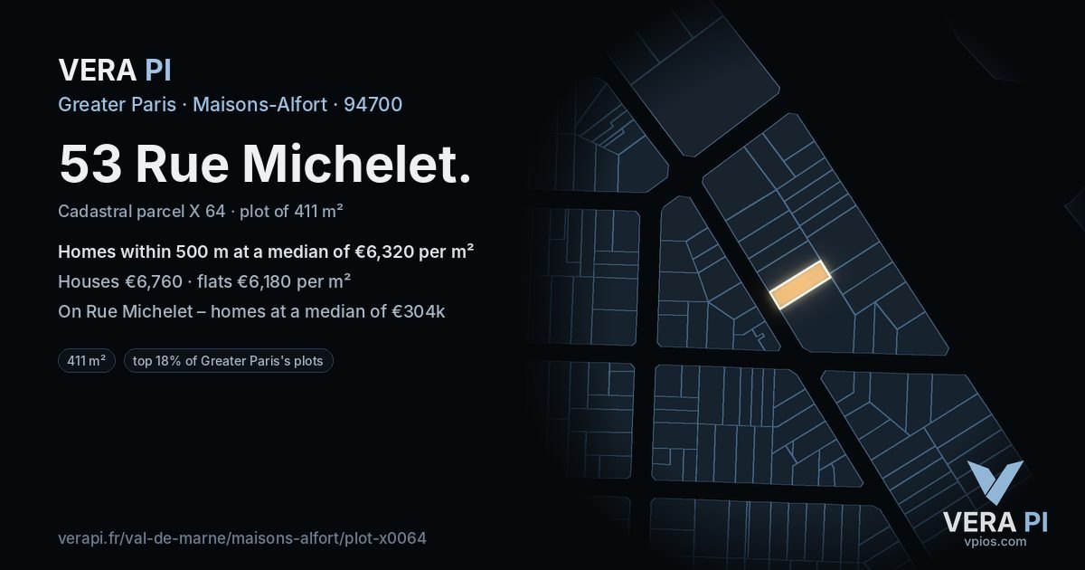 53 Rue Michelet, Maisons-Alfort at night – the plot lit, the parcels around coloured by the prices near them