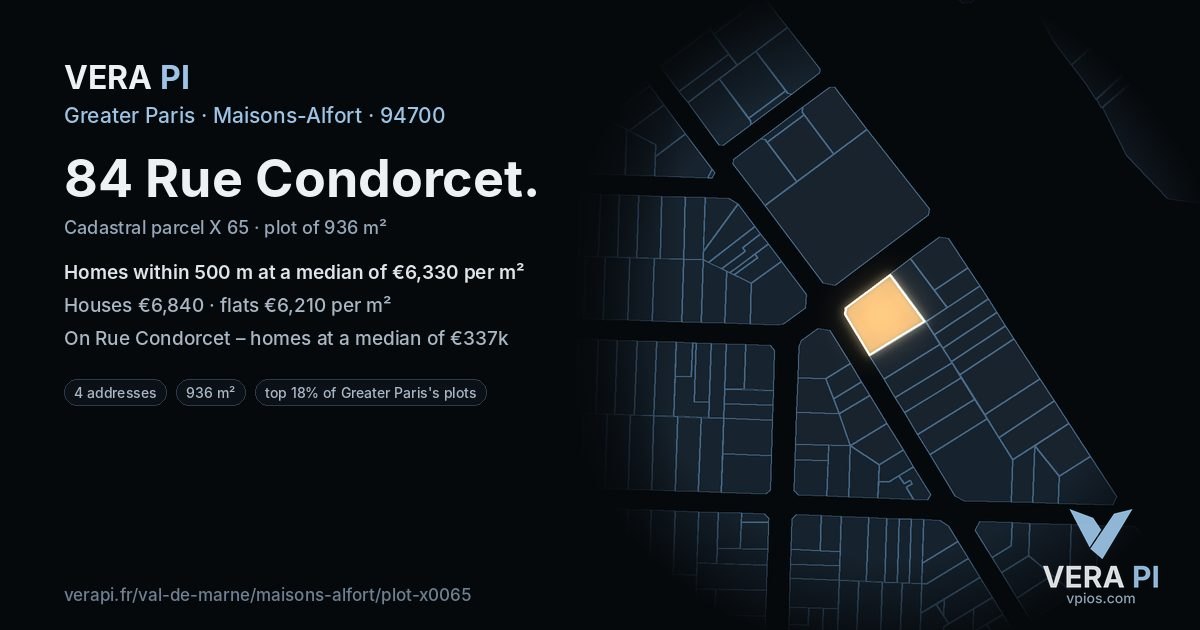 84 Rue Condorcet, Maisons-Alfort at night – the plot lit, the parcels around coloured by the prices near them