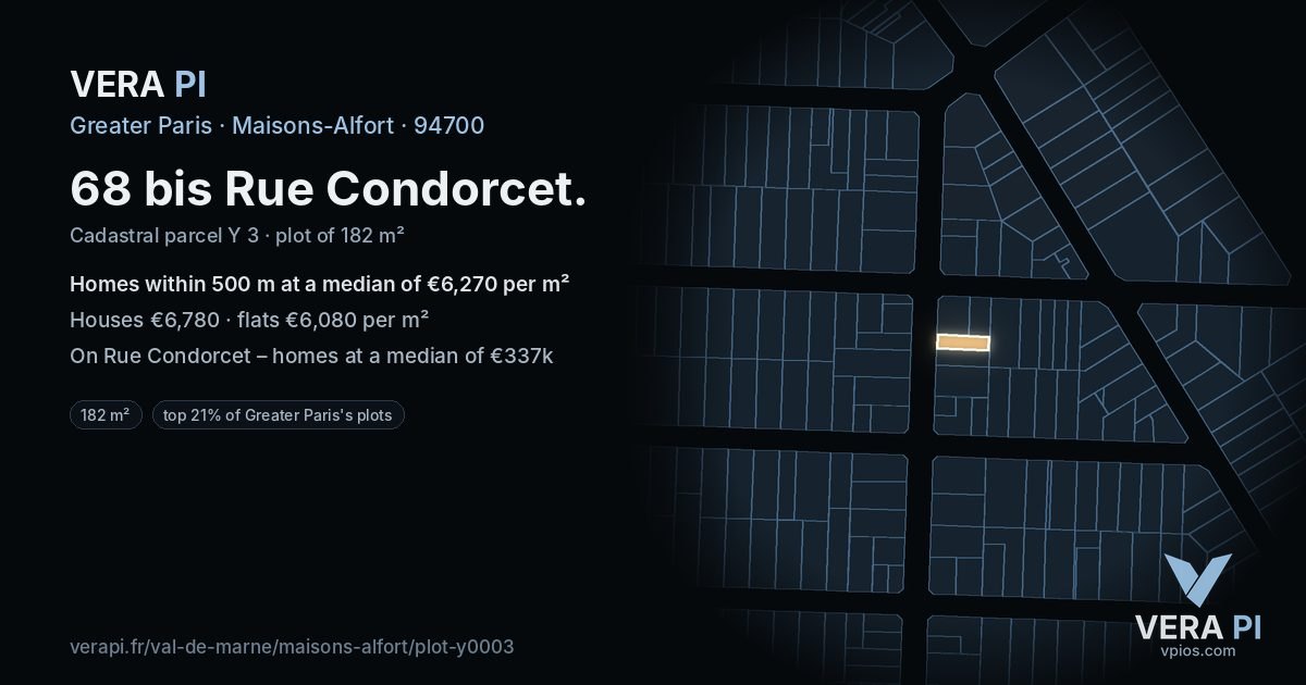 68 bis Rue Condorcet, Maisons-Alfort at night – the plot lit, the parcels around coloured by the prices near them