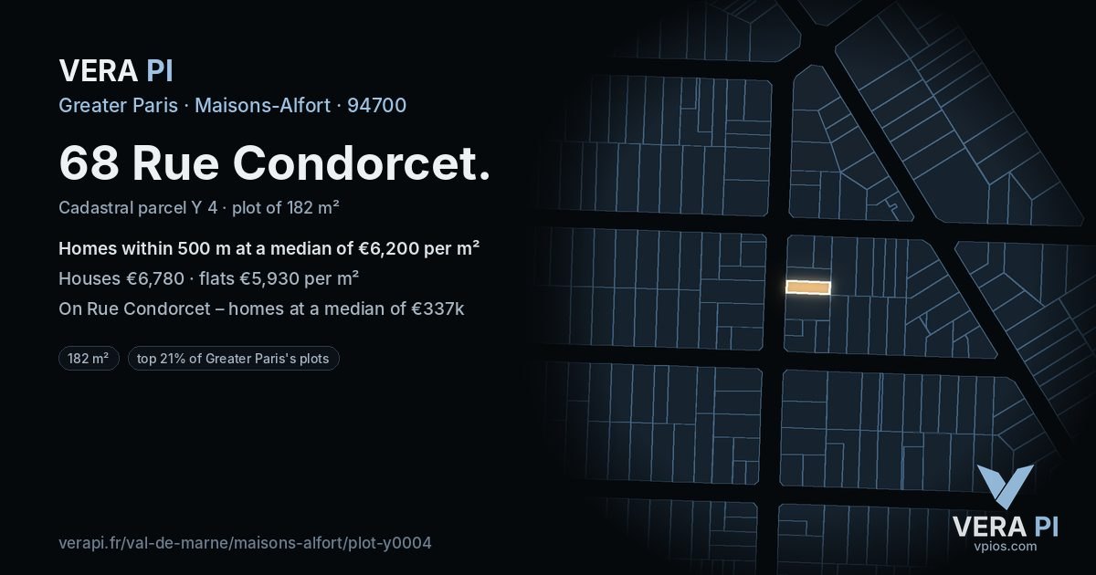 68 Rue Condorcet, Maisons-Alfort at night – the plot lit, the parcels around coloured by the prices near them