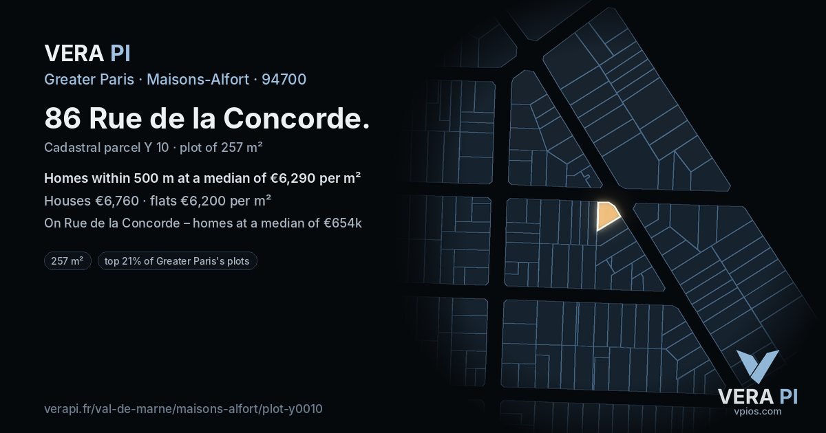 86 Rue de la Concorde, Maisons-Alfort at night – the plot lit, the parcels around coloured by the prices near them