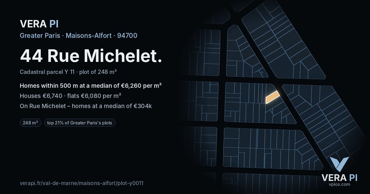 44 Rue Michelet, Maisons-Alfort at night – the plot lit, the parcels around coloured by the prices near them