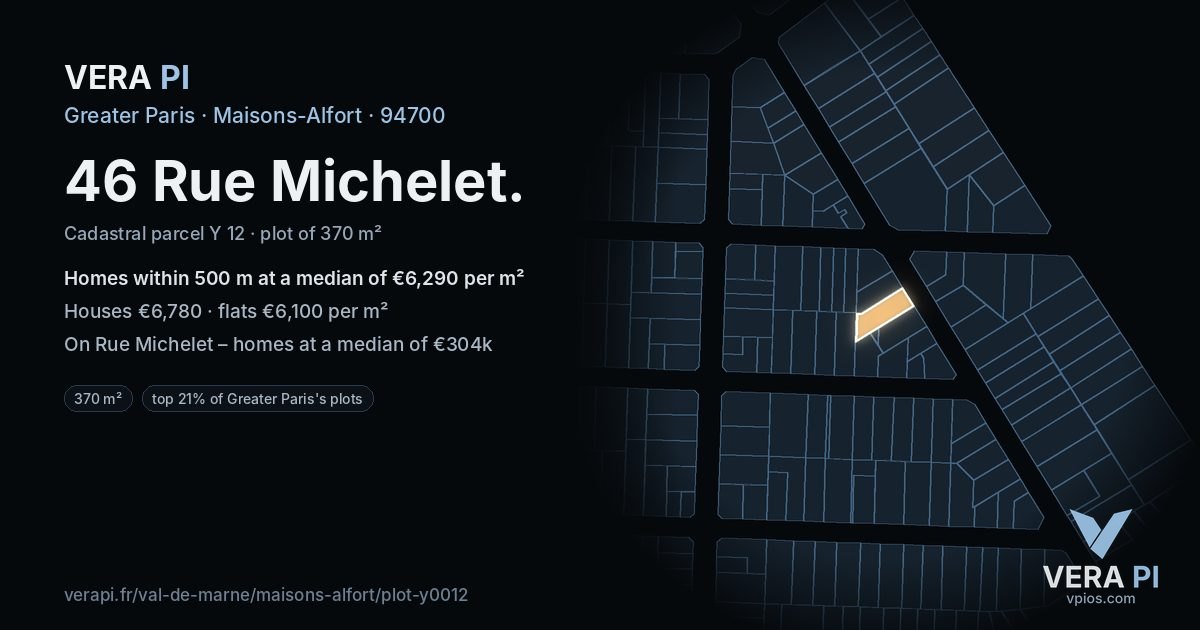 46 Rue Michelet, Maisons-Alfort at night – the plot lit, the parcels around coloured by the prices near them
