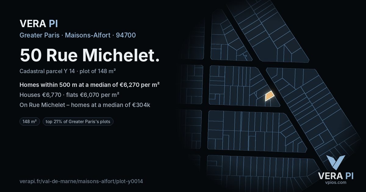 50 Rue Michelet, Maisons-Alfort at night – the plot lit, the parcels around coloured by the prices near them