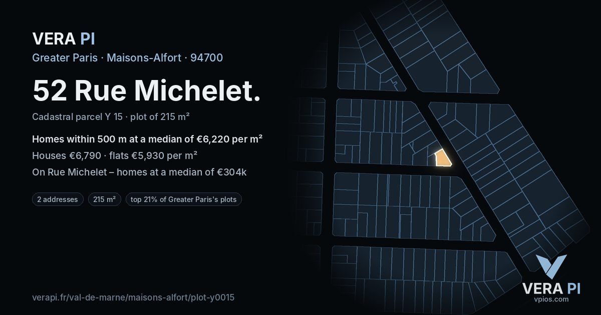 52 Rue Michelet, Maisons-Alfort at night – the plot lit, the parcels around coloured by the prices near them