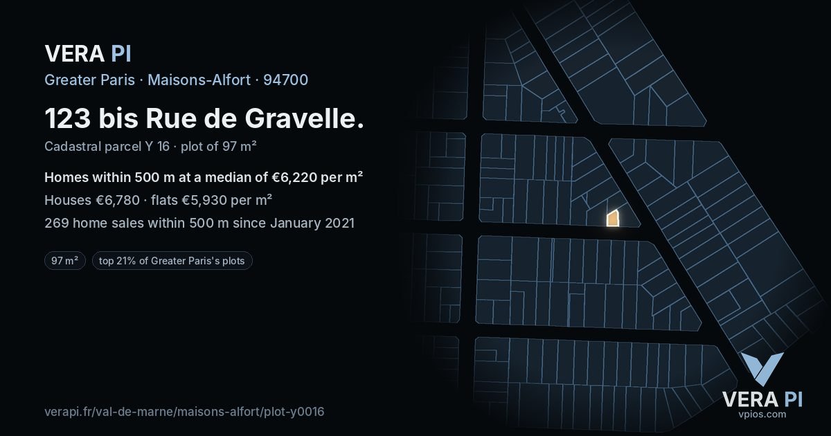 123 bis Rue de Gravelle, Maisons-Alfort at night – the plot lit, the parcels around coloured by the prices near them