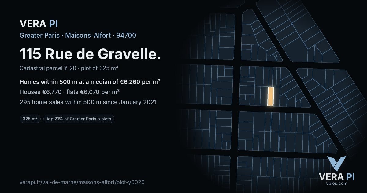 115 Rue de Gravelle, Maisons-Alfort at night – the plot lit, the parcels around coloured by the prices near them