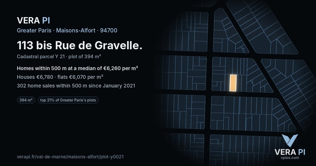 113 bis Rue de Gravelle, Maisons-Alfort at night – the plot lit, the parcels around coloured by the prices near them