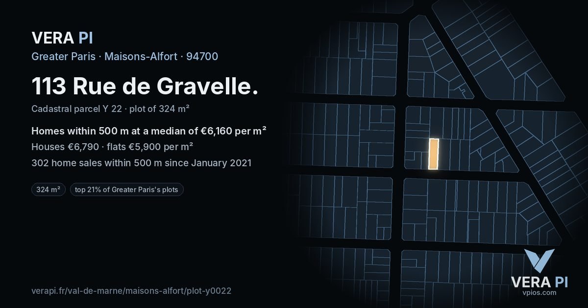 113 Rue de Gravelle, Maisons-Alfort at night – the plot lit, the parcels around coloured by the prices near them