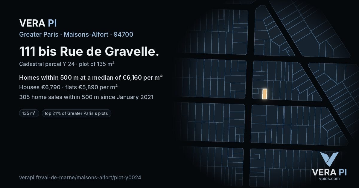 111 bis Rue de Gravelle, Maisons-Alfort at night – the plot lit, the parcels around coloured by the prices near them