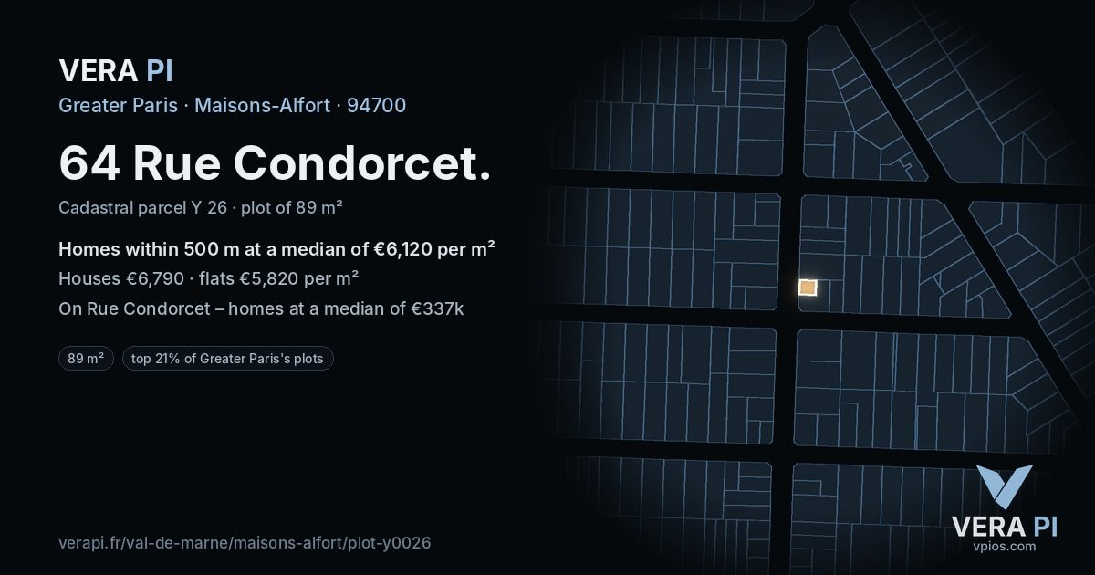 64 Rue Condorcet, Maisons-Alfort at night – the plot lit, the parcels around coloured by the prices near them