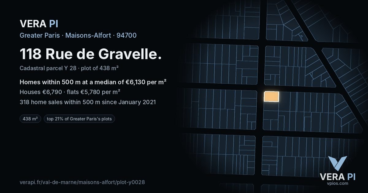 118 Rue de Gravelle, Maisons-Alfort at night – the plot lit, the parcels around coloured by the prices near them