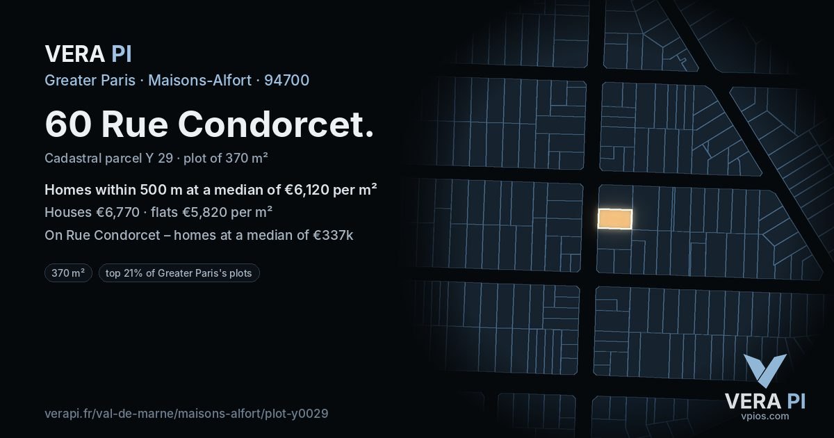 60 Rue Condorcet, Maisons-Alfort at night – the plot lit, the parcels around coloured by the prices near them