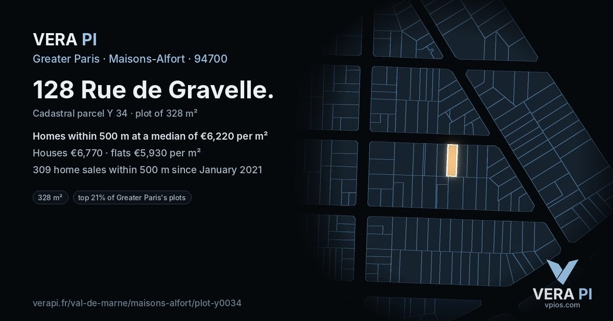 128 Rue de Gravelle, Maisons-Alfort at night – the plot lit, the parcels around coloured by the prices near them