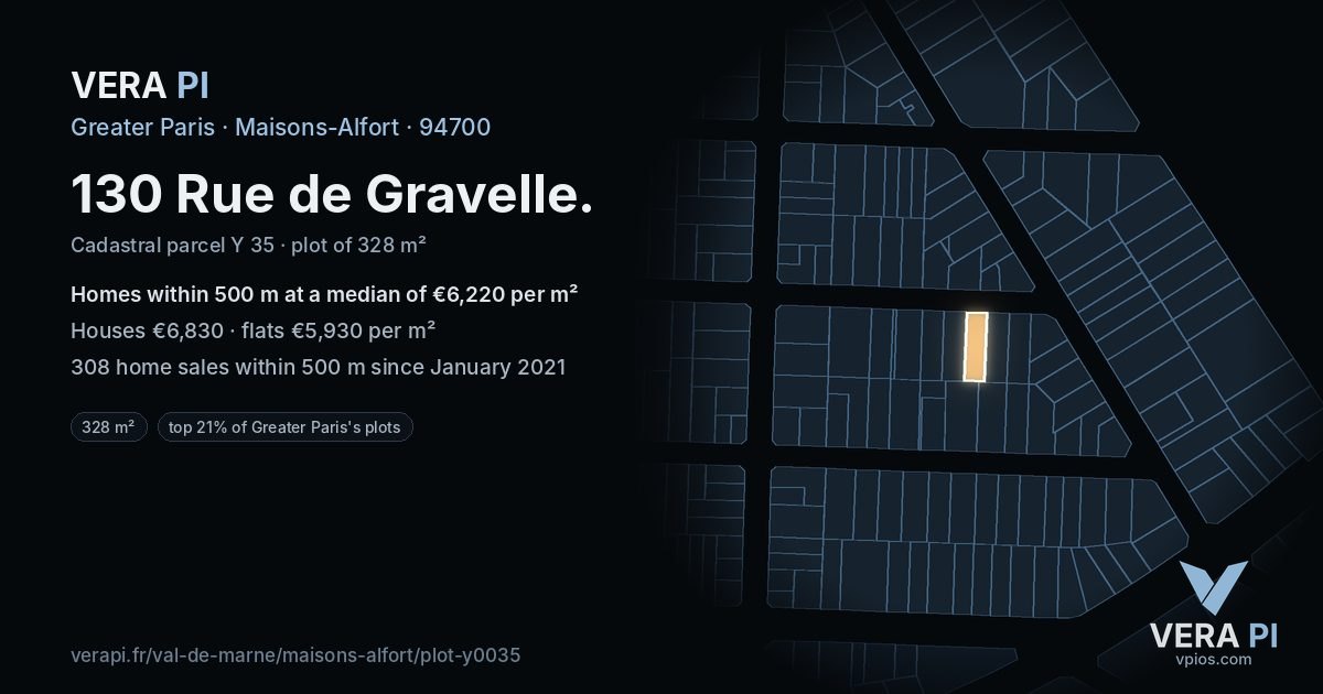 130 Rue de Gravelle, Maisons-Alfort at night – the plot lit, the parcels around coloured by the prices near them