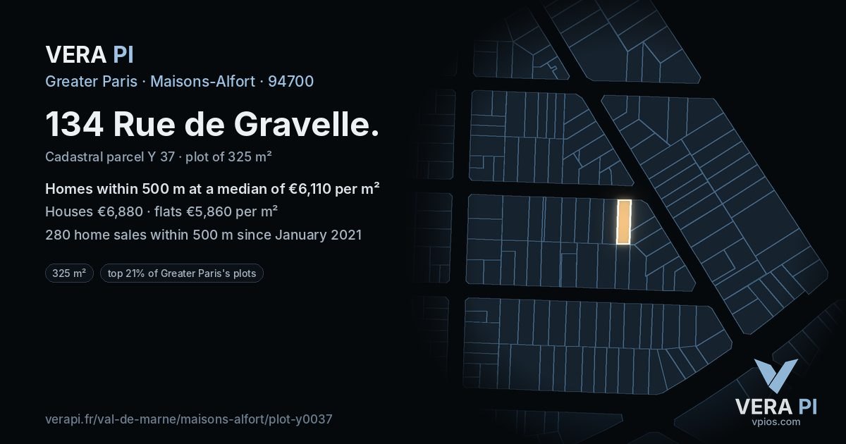 134 Rue de Gravelle, Maisons-Alfort at night – the plot lit, the parcels around coloured by the prices near them