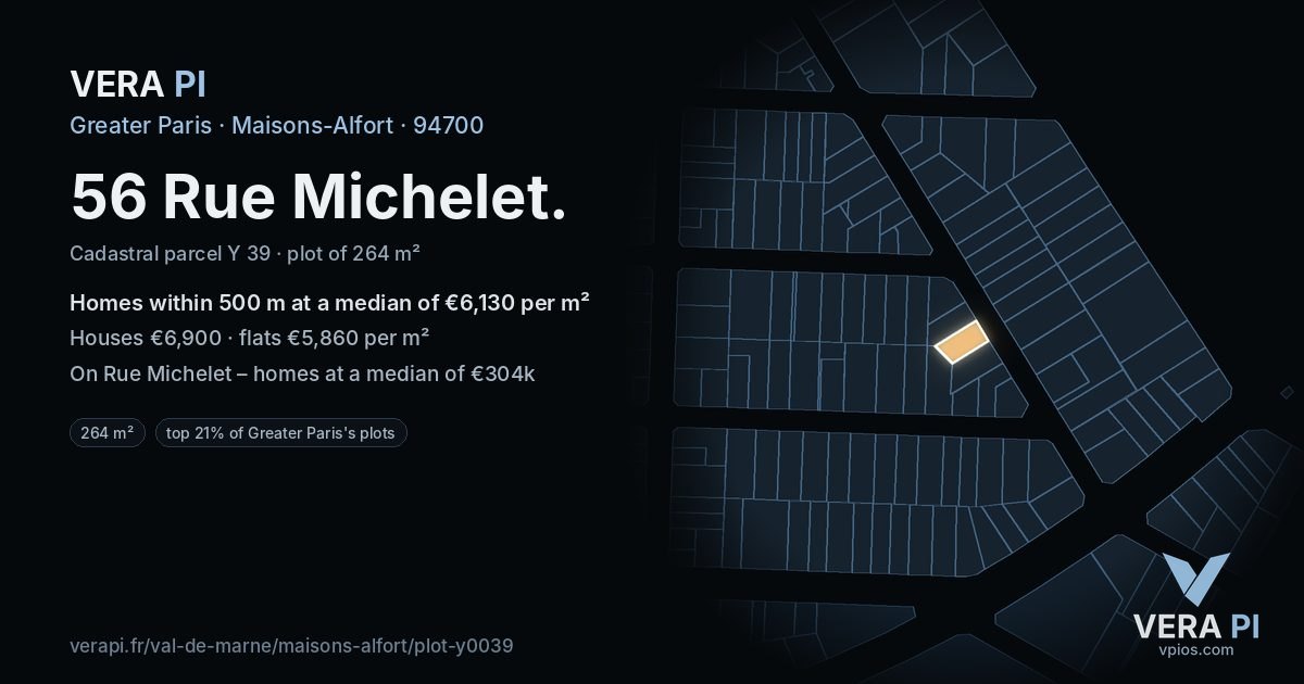 56 Rue Michelet, Maisons-Alfort at night – the plot lit, the parcels around coloured by the prices near them