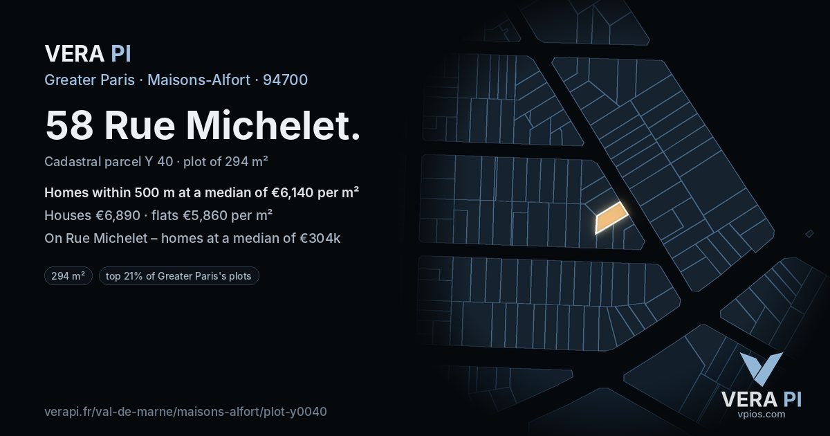 58 Rue Michelet, Maisons-Alfort at night – the plot lit, the parcels around coloured by the prices near them
